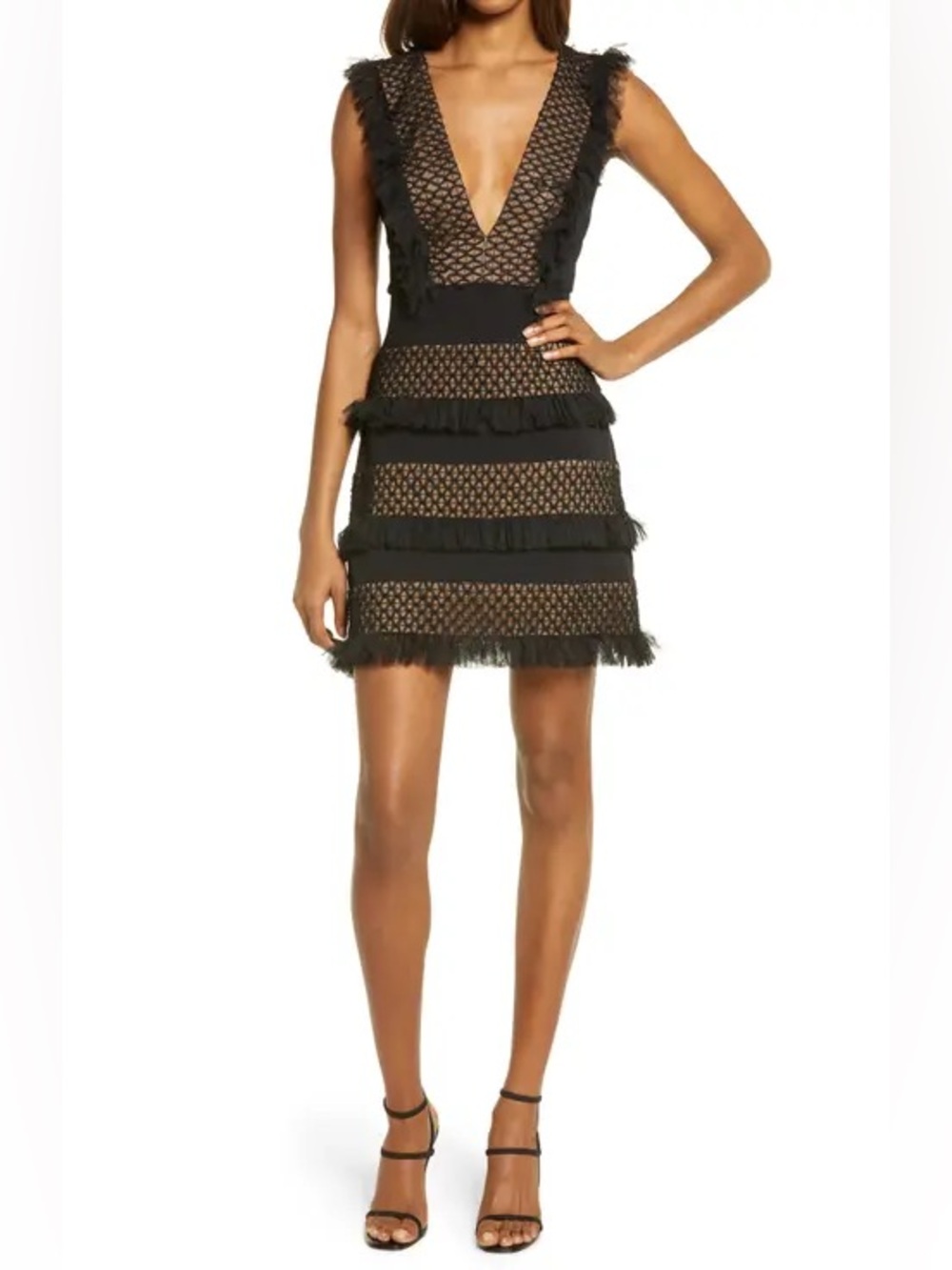 NWT! SHO by Tadashi Shoji Fringe & Black Lace Plunge Neck Cocktail Dress Size 10